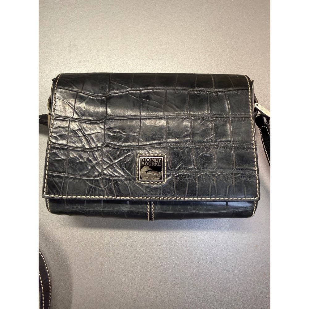 Dooney & Bourke Black Croc Embossed Leather Crossbody Bag Silver Duck Logo